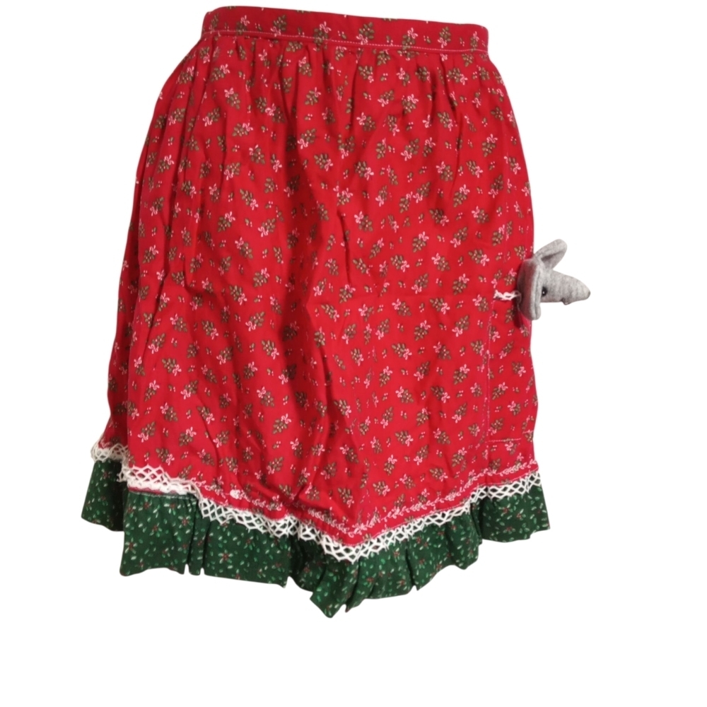 Vintage Red Holly Floral Wrap Half Apron with Mouse Pocket & Green Ruffle Trim